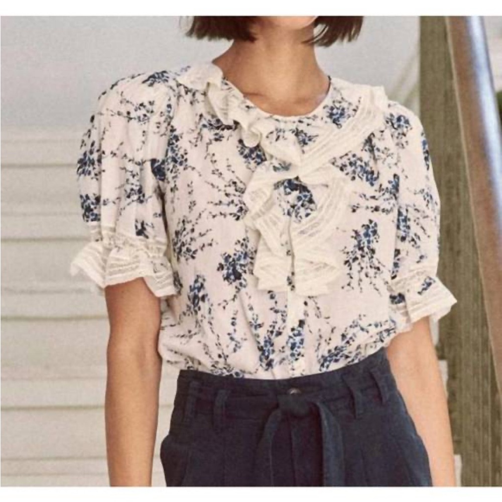 THE GREAT. Bishop Floral Ruffle Blouse in Blue Jasmine Floral